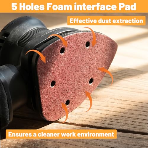 2Pcs Mouse Detail Sanding Interface Pad Hook and Loop, Triangle 5 Holes Sanding Pad, Foam Interface Mouse Sander Sandpaper Backing Pads for for Detail Sander Woodworking, 140mm*100mm