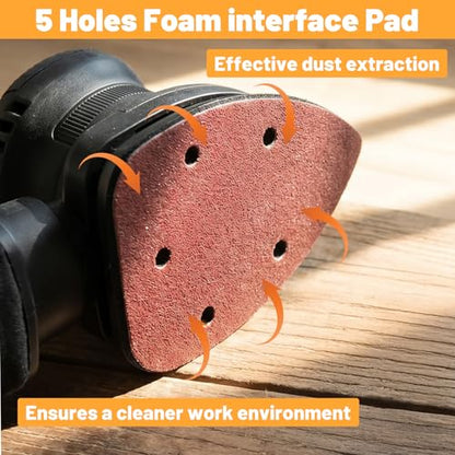 2Pcs Mouse Detail Sanding Interface Pad Hook and Loop, Triangle 5 Holes Sanding Pad, Foam Interface Mouse Sander Sandpaper Backing Pads for for Detail Sander Woodworking, 140mm*100mm