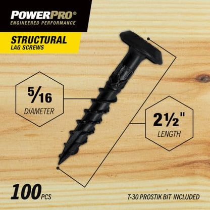 Power Pro Structural Lag Screws, 5/16in x 2-1/2in, 100 Pieces, Black - color: Black, size: 5/16 inch x 2-1/2 inch, style: 100pc