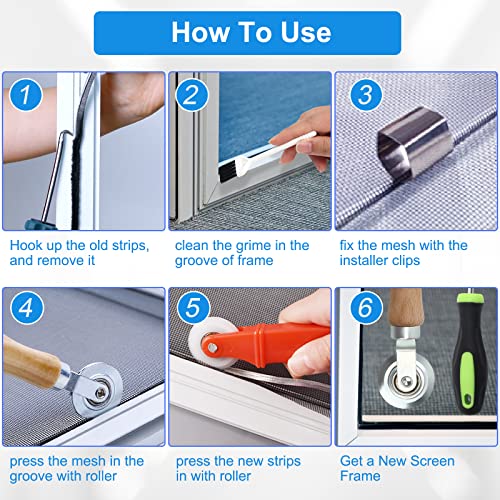 Window Screen Repair Kit Mesh Screen Spline Roller Repair Tools Kit with Screen Installer Clips, Metal and Plastic Spline Fixing Tool Kit for Window Screen1