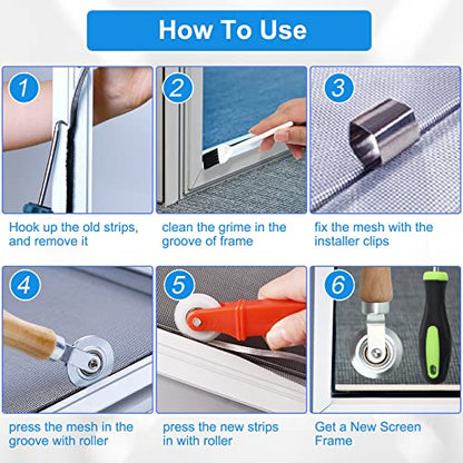 Window Screen Repair Kit Mesh Screen Spline Roller Repair Tools Kit with Screen Installer Clips, Metal and Plastic Spline Fixing Tool Kit for Window Screen1