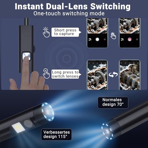 Preciva Endoscope Camera with Dual Lenses, 1920P HD Borescope Camera with 8 Adjustable LED Lights, 16.5ft Semi-Rigid for iOS and Android