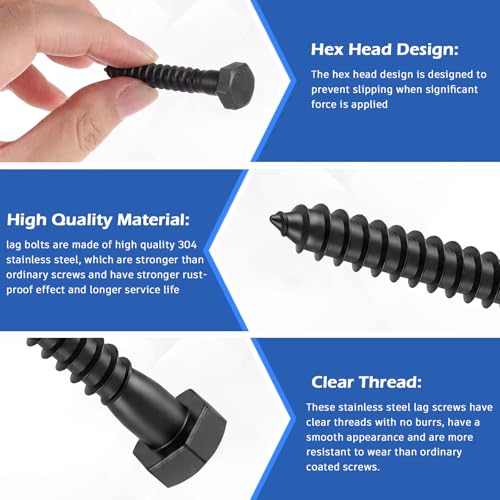 Zonon 50 Pcs 1/4" X 1-1/4" 304 Stainless Steel Lag Screw for Wood, Black - color: Black, size: 1/4" X 1-1/4"