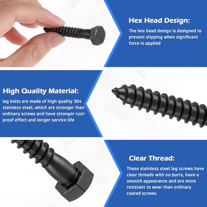 Zonon 50 Pcs 1/4" X 1-1/4" 304 Stainless Steel Lag Screw for Wood, Black - color: Black, size: 1/4" X 1-1/4"
