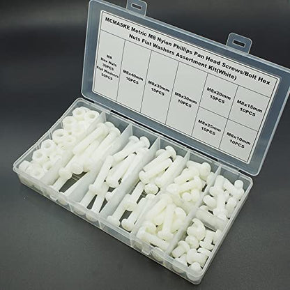 150PCS M8 White Nylon Phillips Pan Head Screws Nuts Washers Kit - size: M8