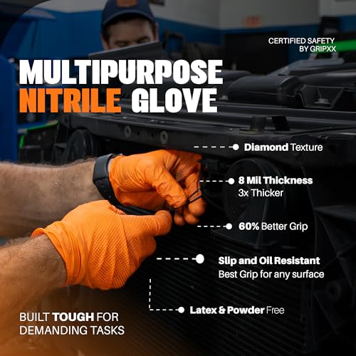 GRIPXX Herkules Grip Heavy Duty 8Mil Nitrile Gloves,3D Raised Diamond Texture-Latex & Powder Free-Industrial, Mechanic - color: Orange, size: Large