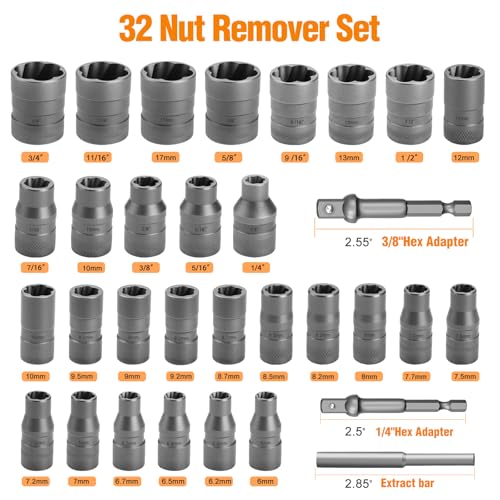 Eapele Bolt Extractor Set, Stripped Nut Remover Twist Sockets, Fit 3/8" Square Drive with Solid Storage Case (32pcs, Black) - size: 32pcs