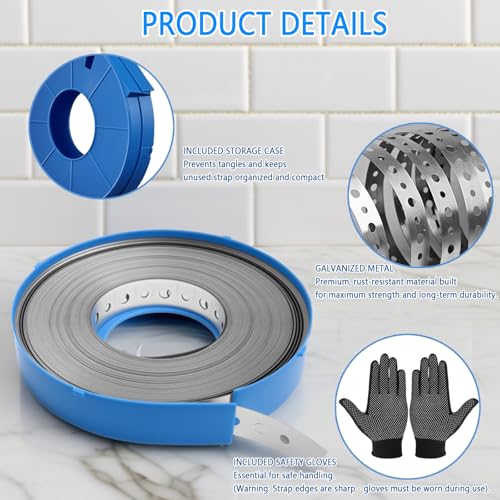 Metal Pipe Strap, 3/4 inch, 100 FT, Galvanized Hanger Strapping with Holes for Pipe Support, Flexible Trimming | Includes Storage Case & Gloves, Storage Case (100 FT 1Pack)