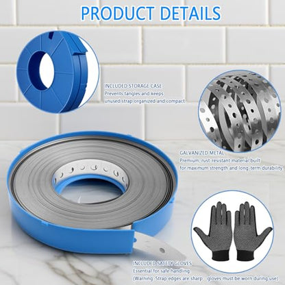 Metal Pipe Strap, 3/4 inch, 100 FT, Galvanized Hanger Strapping with Holes for Pipe Support, Flexible Trimming | Includes Storage Case & Gloves, Storage Case (100 FT 1Pack)