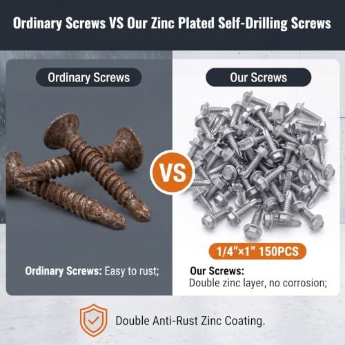 1/4" x 1" Self Tapping Screws for Metal with 3/8” Hex Washer Head, 150PCS