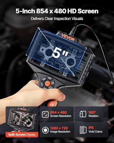 VEVOR 360° Borescope with Innovative 360° Motorized Rotation Probe, 5" 16.4FT Endoscope Inspection Camera, 1080P HD Rigid Snake Scope Cam for Wall Automotive Engine Inspect - size: 5" - 16.4 ft Length