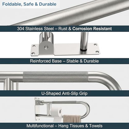 26-Inch Foldable Toilet Grab Bar – 90° Flip-Up Design, Premium 304 Stainless Steel, Anti-Slip Grip with Built-in Paper Holder, Wall-Mounted Handicap Safety Rail, Supports 350–400 lbs - size: 26-Inch