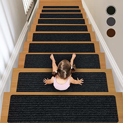 Non-Slip Stair Treads, 7.8" X 30" (7-Pack) Stair Runner Indoor Outdoor Mat, Black Slip Resistant Stair Tread Mats Step Covers Pads for Elders, Kids and Pets (30" x 7.8", Black) - color: Black, size: Set of 7 (7.8" x 30")