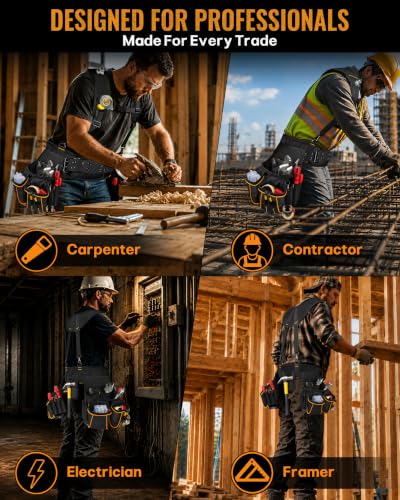 Marscamd Tool Belt with Suspenders & Pouches, Heavy Duty Work Belt, Black - color: Black