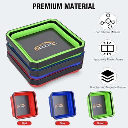 GOOACC 3Pcs Square Collapsible Magnetic Parts Tray Set Red Blue Green - color: Red/Blue/Green
