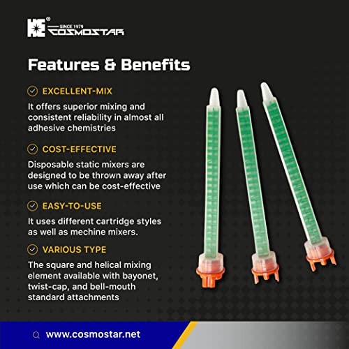 CosmoMix Square Static Mixer Nozzle Tube Tip, F System for 4:1/10:1 Mixing Ratio,7.1 Inches, 24 Elements, 10 Pieces Epoxy Mixing Nozzle Tip, For AB Glue Acrylic Adhensive Gun Mixer (RSF10-11-24S)