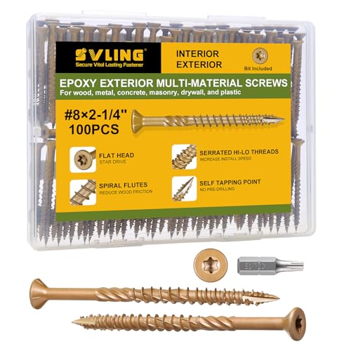 Deck Screws #8 x 2-1/4 Inch, 100 PCS Wood Screws Torx Drive Head for Outdoor Decking Wood Fence, Exterior Epoxy Coated Brown Finish with T20 Star Bit - size: #8x2-1/4"