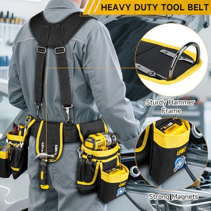 LEFOR·Z Tool Belt with Suspenders,27-Pockets Heavy Duty Tool Belts for Men - color: Black/Yellow