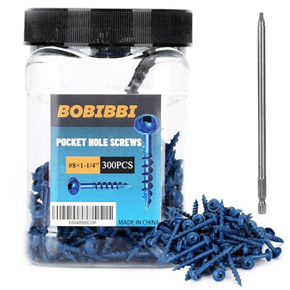 Pocket Hole Screws #8x1-1/4, Coarse Thread Wood Screws 300Pcs, Washer Head with Square Drive, 150MM Drive Bit Included - color: Blue, size: #8x1-1/4‘’