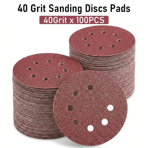 100Pcs 5 Inch Sanding Discs 40 Grit, FOKATY Coarse Hook and Loop Sandpaper for Heavy Rust Removal & Paint Stripping, 8-Hole Dustless for Random Orbital Sander - style: 40G-100pcs