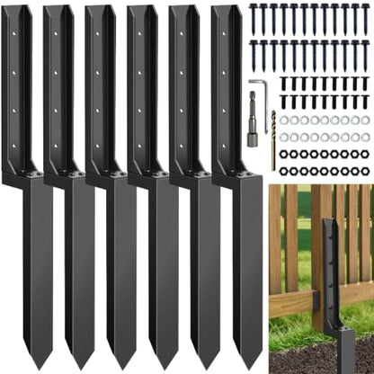 Fence Post Repair Kit, Anchor Ground Stakes for Repair Tilted, Broken Wood Fence Post with Install Accessoris (6 PCS) - color: 6 Black