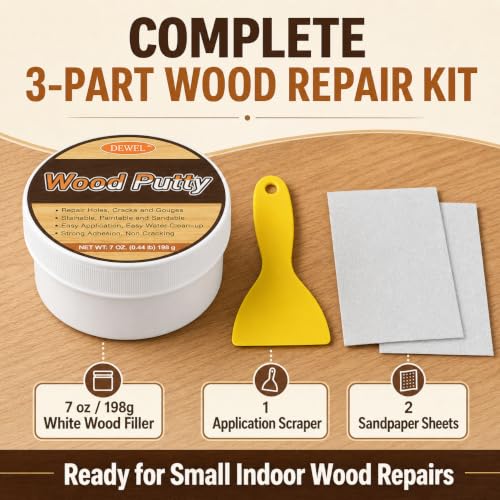 DEWEL White Wood Filler Putty, 7 oz Repair Kit with Scraper & Sandpaper