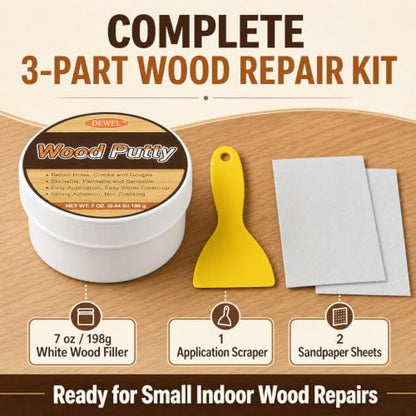 DEWEL White Wood Filler Putty, 7 oz Repair Kit with Scraper & Sandpaper