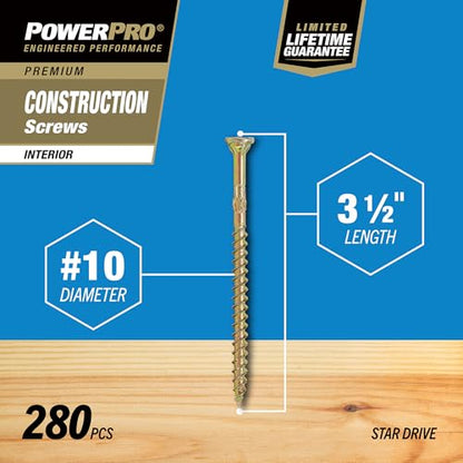 Power Pro 295 Pc Interior Wood Screws (#10 x 3-1/2") | Star Drive Flat Head Fastening Screws | No Split Twist Shank Wood Screws for Framing Structural Interior Wood Projects