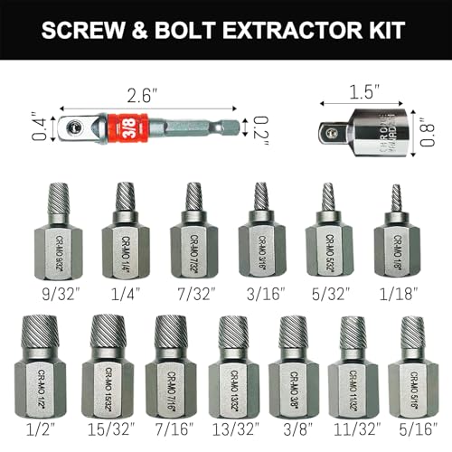 15PCS CR-MO Screw Extractor Set – 3/8" Hex Drive Multi-Spline Easy-Out Kit for Broken, Stripped, Rounded Screws/Bolts, Broken Bolt Remover，Includes Adapter & Blow-Molded Case (1/8"-1/2") - color: 15pcs-screw Extractor
