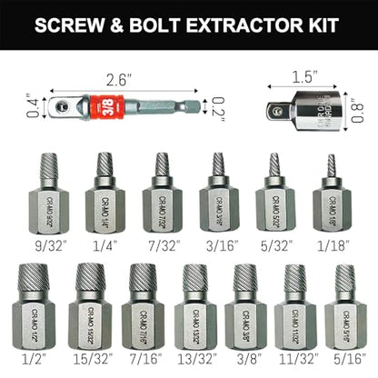 15PCS CR-MO Screw Extractor Set – 3/8" Hex Drive Multi-Spline Easy-Out Kit for Broken, Stripped, Rounded Screws/Bolts, Broken Bolt Remover，Includes Adapter & Blow-Molded Case (1/8"-1/2") - color: 15pcs-screw Extractor