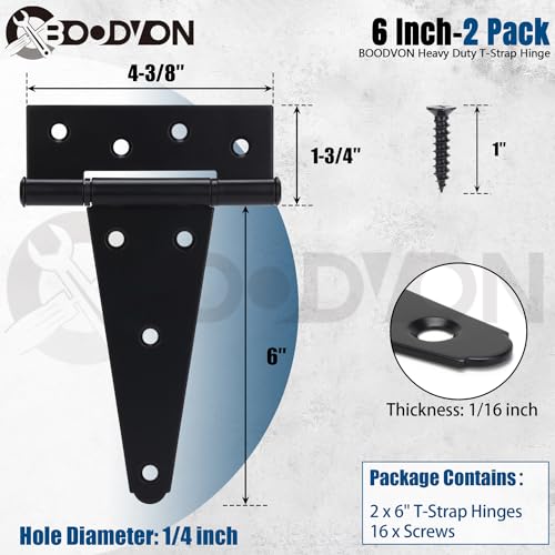 6 Inch T-Strap Gate Hinges, Shed Barn Door Hinges Heavy Duty, Black Tee Hinges for Wooden Fences, Yard Gate, Wrought Hardware Iron Rustproof (2Pack/Set) - size: 6 Inch