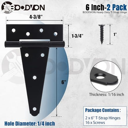6 Inch T-Strap Gate Hinges, Shed Barn Door Hinges Heavy Duty, Black Tee Hinges for Wooden Fences, Yard Gate, Wrought Hardware Iron Rustproof (2Pack/Set) - size: 6 Inch