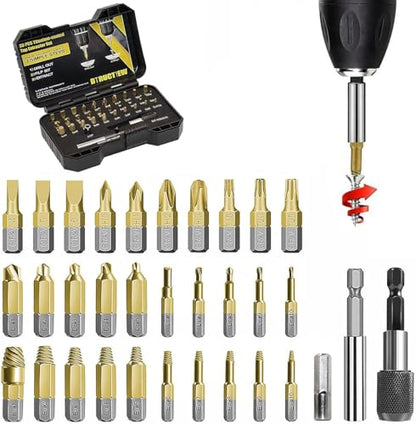 33-Piece Titanium Screw Extractor Set – HSS 4341 Damaged Screw Remover Kit (2-in-1), Includes Magnetic Extension Bit Holder & Socket Adapter for Rusty, Stripped & Broken Screws
