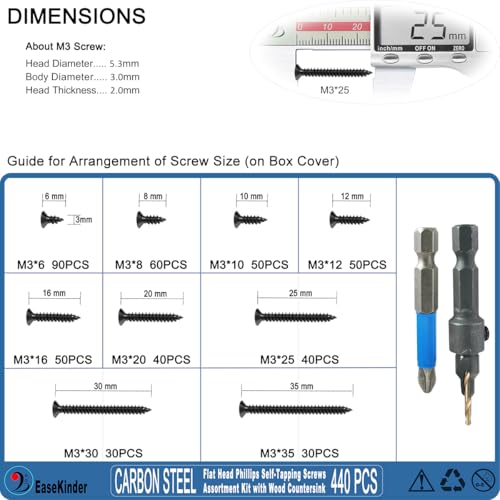 440PCS Wood Screws Assortment Kit, #4 Self Tapping Screw Set (9 Sizes) - size: CSQ235 M3