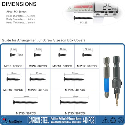 440PCS Wood Screws Assortment Kit, #4 Self Tapping Screw Set (9 Sizes) - size: CSQ235 M3