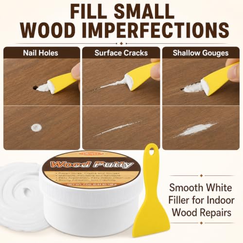DEWEL White Wood Filler Putty, 7 oz Repair Kit with Scraper & Sandpaper