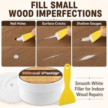 DEWEL White Wood Filler Putty, 7 oz Repair Kit with Scraper & Sandpaper