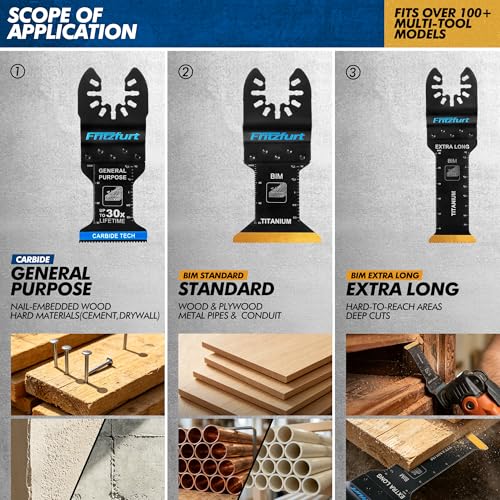 3PCS Oscillating Multi-Tool Blade Kit - Extra Long Plunge Blade, Standard Blade & Carbide General Purpose Blade for Deep Cuts, Flush Trim & Nail-Embedded Wood, Fits Dewalt Milwaukee Ryobi - size: 3pcs