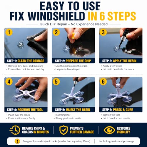 Windshield Repair Kit for quick DIY repair of small chips and cracks. Resin fills damage to improve clarity and reduce visibility. Suitable for bullseye, star, and minor damage. Easy home use