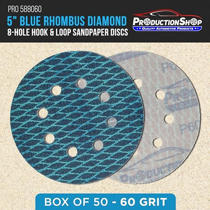 ProductionShop Premium 60 Grit 5" Rhombus Diamond Shape Blue Sanding Discs, 8-Hole, Box of 50 - Hook & Loop Anti-Clogging J-Cloth Dustless Sandpaper for Random Orbital Sanders, Sand Auto Paint, Wood - style: 60 Grit
