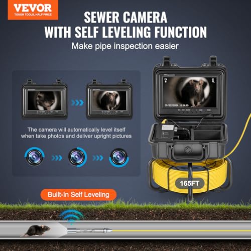 VEVOR Sewer Camera, 165 ft/50m Self-Leveling Pipeline Inspection Camera with 9" 1080P HD Screen, 36X Zoom, IP68 Waterproof Plumbing Camera with Lights-12 LED, 32GB Card Snake Camera for Duct Pipe - size: 165ft/50m, style: 9" Screen with Self-Leving