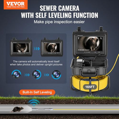 VEVOR Sewer Camera, 165 ft/50m Self-Leveling Pipeline Inspection Camera with 9" 1080P HD Screen, 36X Zoom, IP68 Waterproof Plumbing Camera with Lights-12 LED, 32GB Card Snake Camera for Duct Pipe - size: 165ft/50m, style: 9" Screen with Self-Leving