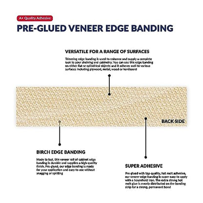 Birch Edge Banding 3/4 inch x 25 feet Wood Veneer Pre Glued Adhesive Edging Trim Band Tape Iron On Flexible Strip Roll Laminate Cabinate Countertop Furniture Shelf MDF Board Paintable Edgebanding - size: 3/4 in x 25 ft