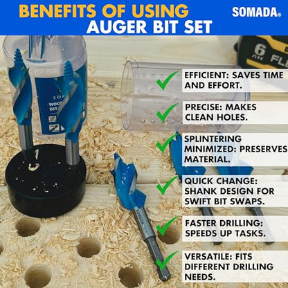 SOMADA Auger Drill Bit Set for Wood, 5-Piece, Hex Shank Quick Change - size: 5 PCS SET