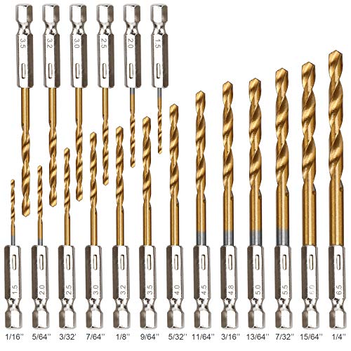 19 Pcs HSS Titanium Twist Drill Bit Set - 1/16"-1/4" Hex Shank Quick Change