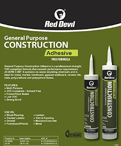 Red Devil 0779 General Purpose Construction Adhesive, 28 oz, 6-Pack, White - size: 6 - Pack, style: 28 oz.