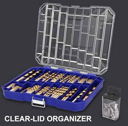 276pc Titanium Twist Drill Bit Set with S2 Bits 135° Tip High Speed Steel, Size from 1/16" up to 1/2", Ideal in Wood Cast Iron Aluminum Alloy Plastic Fiberglass, Clear Lid Case - size: 276 Piece Twist Drill Bits Set 135°