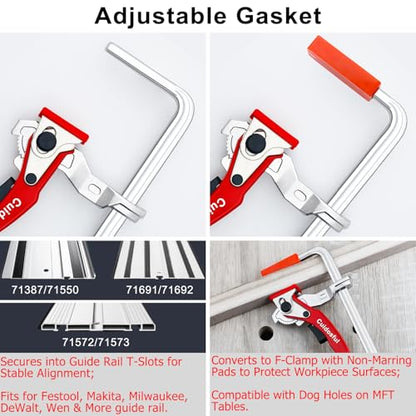 2 Pack Track Saw Clamps for Guide Rail – Heavy Duty Quick Release Ratchet Clamp Set, Compatible with Festool, Makita, Dewalt, Table Saw Hold Down, T Track Woodworking Clamps with Non-Marring Pads - color: Red