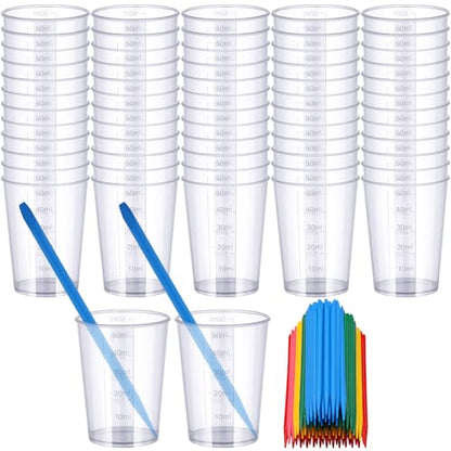 Gartful Resin Mixing Cups and Sticks, 110 Packs Epoxy Measuring Cups Kit - 60PCS 100ml Disposable Graduated Cups, 50PCS Pointed Stir Sticks for Mixing Paint, Stain, Epoxy, Resin - color: Clear cups+point stick, size: 50ml