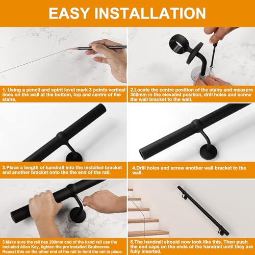 ROTHLEY Pipe Stair Handrail, 3Ft Metal Staircase Handrails Black Powder Coated Steel Hand Rails for Indoor & Outdoor Steps Wall Mount Support 1.6" Round Stair Railing with Zinc Alloy Brackets - size: 3.3FT